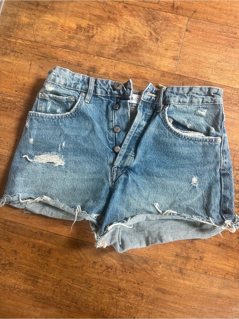 Zara High-Rise Distressed Denim Shorts - Blue